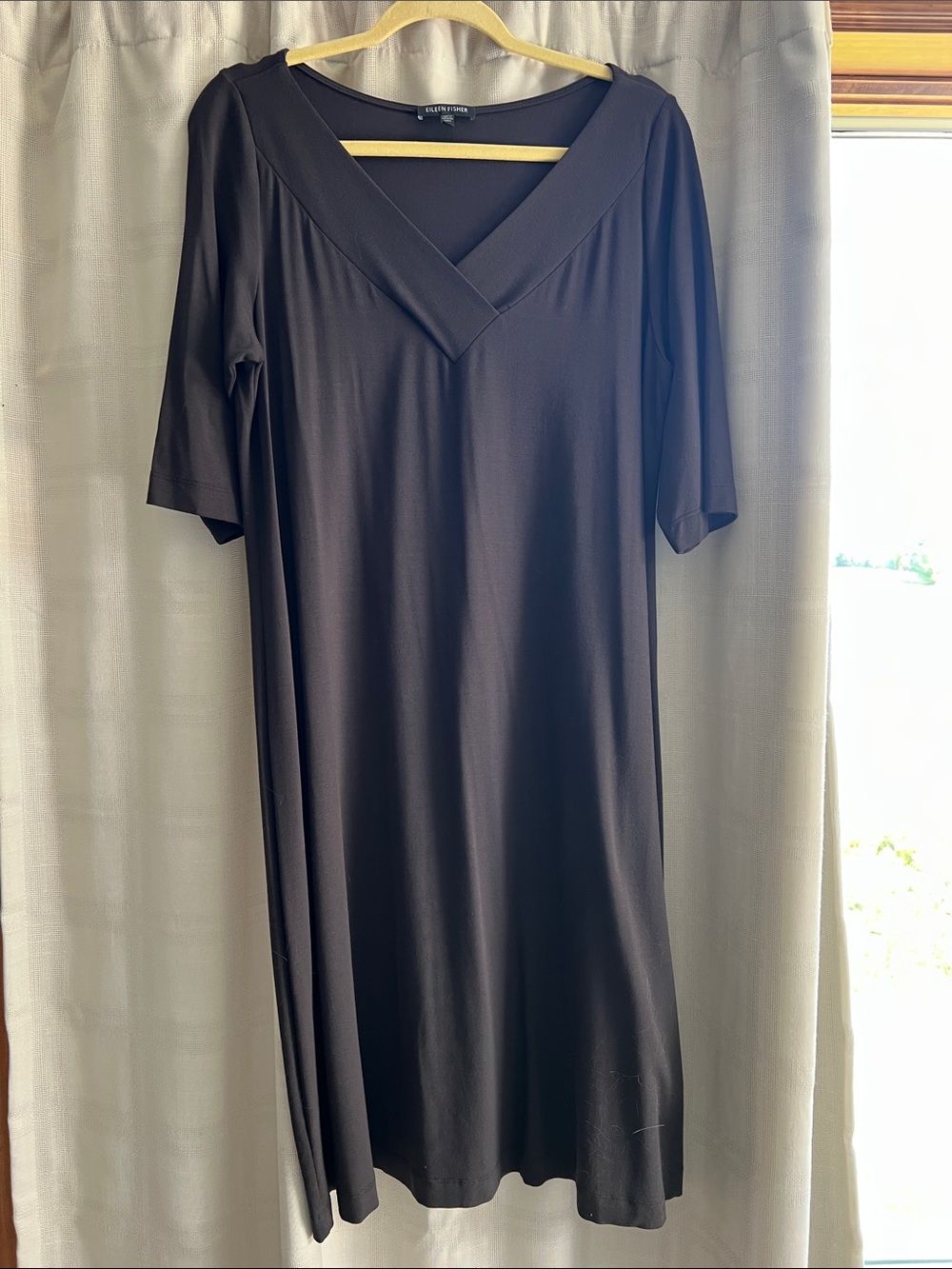 Eileen Fisher Deep Brown V-Neck Elbow Sleeve Midi Dress